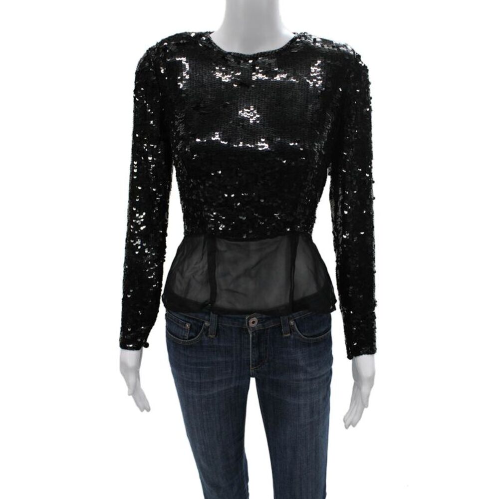 Victor Costa Women Cropped Black Long Sleeve Round Neck Blouse Size 6
